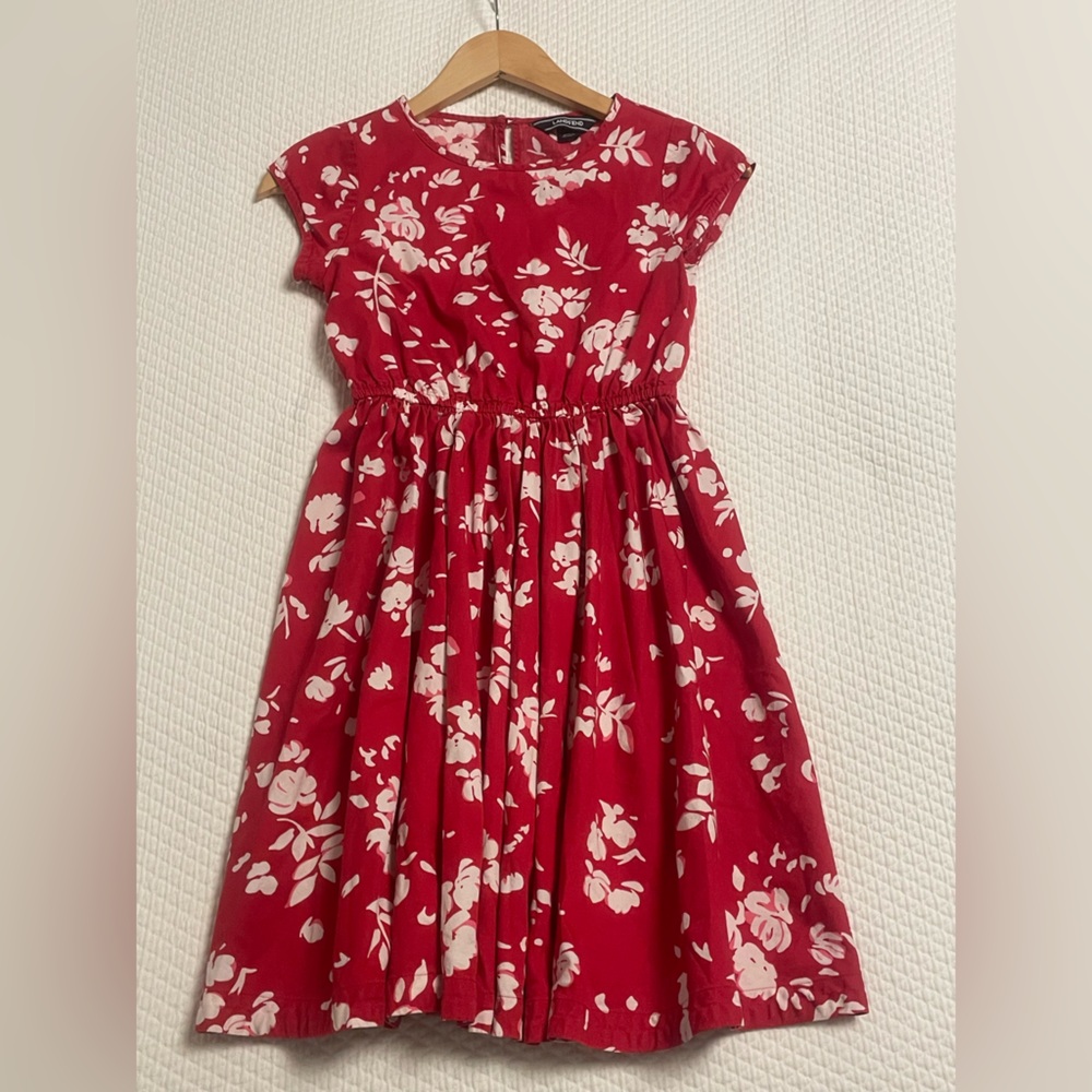 Lands End cap sleeve red floral dress girls size 10
